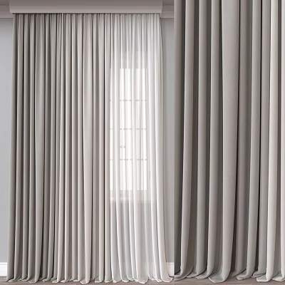 Modern Gray Curtains With Sheer White Panels For Living Room Window 3d model