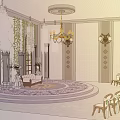 Religious Worship Space With Circular Platform Sofa Columns Chandelier And Green Plants