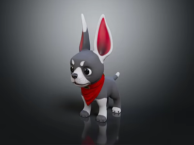 Gray And White Stuffed Dog Toy With Big Ears Red Bandana On Dark Background 3d model
