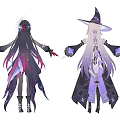 Two Game Anime Characters In Fantasy Witch Outfits With Purple Black Costumes And Long Hair