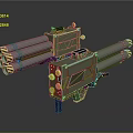 Green Multi Barrel Weapon With Yellow Warning Stripes And Launcher Structure 3d model
