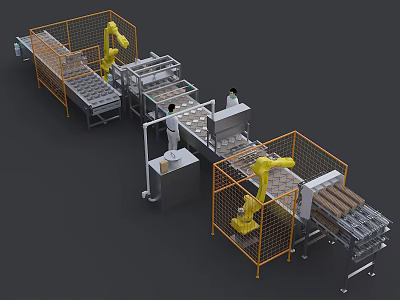Industrial Equipment Automated Production Line With Robotic Arms Conveyor Belts And Safety Enclosures 3d model