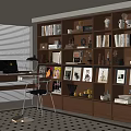 Modern Middle Ancient Study Bookcase Combination Bookcase Book Table and Chair Decoration Combination Ceramic Utensils 3d model