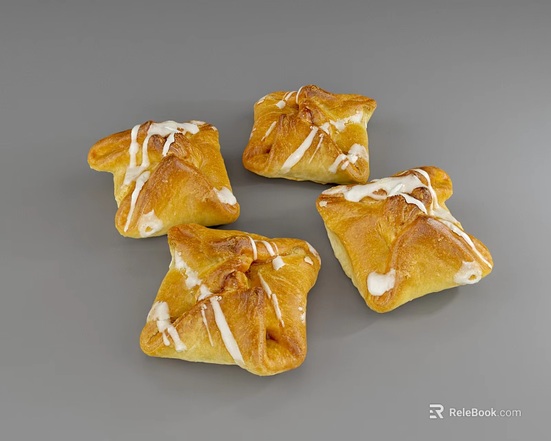 Four Golden Flaky Pastry Treats Drizzled with White Icing on Gray Background 3d model 