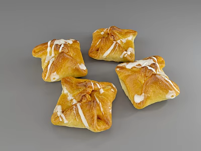Four Golden Flaky Pastry Treats Drizzled with White Icing on Gray Background 3d model