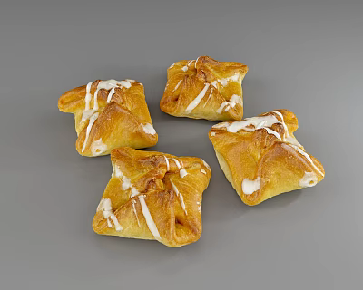 Four Golden Flaky Pastry Treats Drizzled with White Icing on Gray Background 3d model Four Golden Flaky Pastry Treats Drizzled with White Icing on Gray Background 3d model