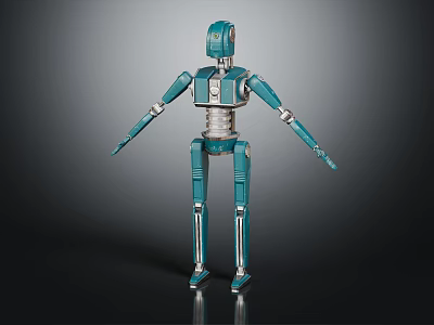 Blue Mechanical Robot Figure Standing With Metal Structure In Dark Background 3d model