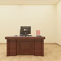 Brown Wooden Office Desk With Computer Monitor Mouse Phone Black Chair And Blue Pink Folders