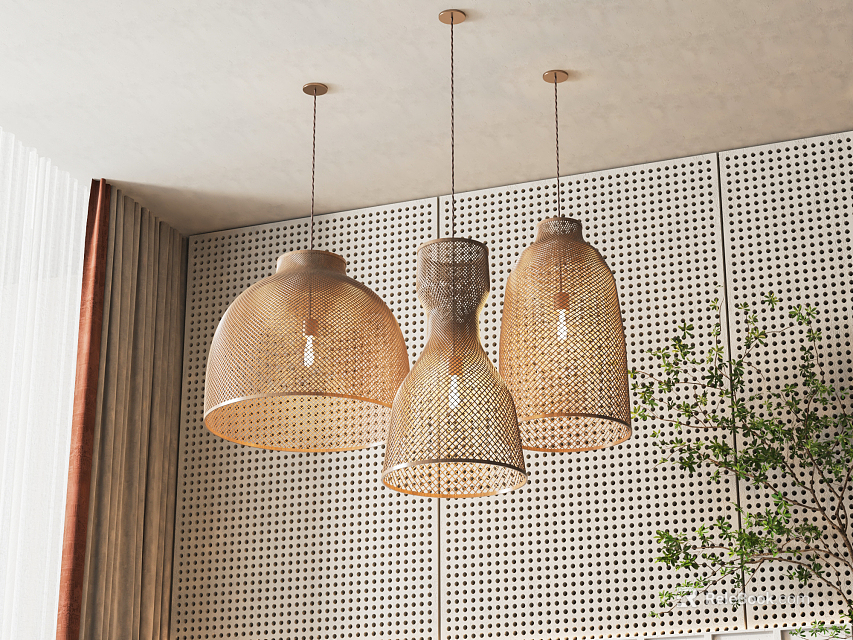 Three Woven Pendant Lights In Modern Interior With Perforated Wall And Green Plant Decoration 3d model 