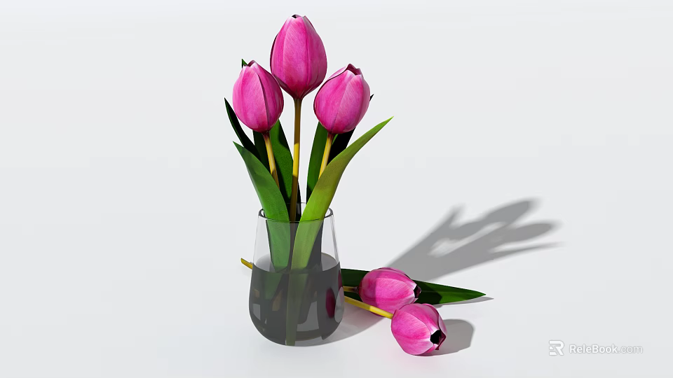Pink Tulips in Transparent Glass Vase with Fallen Blooms on White Background 3d model 
