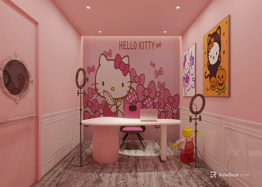 Hello Kitty Themed Public Office Space With Pink Walls White Desk Ring Lights And Decorations 3d model 