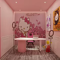 Hello Kitty Themed Public Office Space With Pink Walls White Desk Ring Lights And Decorations