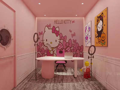 Hello Kitty Themed Public Office Space With Pink Walls White Desk Ring Lights And Decorations 3d model