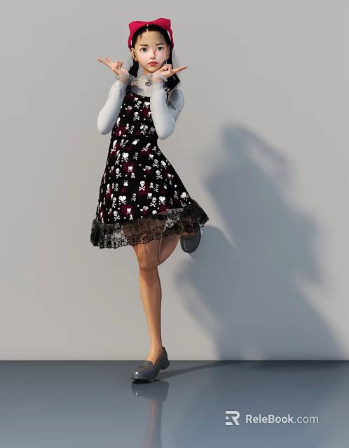 Woman In Black Floral Dress With Lace Trim And White Top Posing Against Gray Wall 3d model 