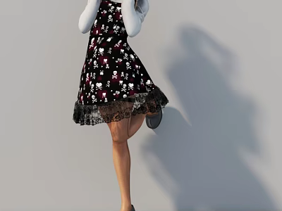 Woman In Black Floral Dress With Lace Trim And White Top Posing Against Gray Wall 3d model