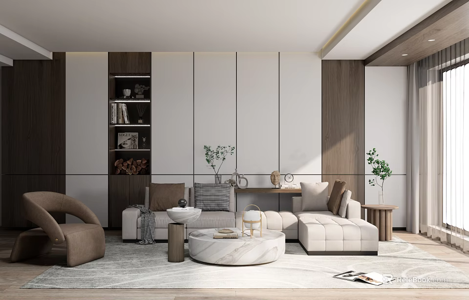 Modern Beige Sofa Coffee Table Set With Round Marble Top Wooden Wall Green Plants Rug 3d model 