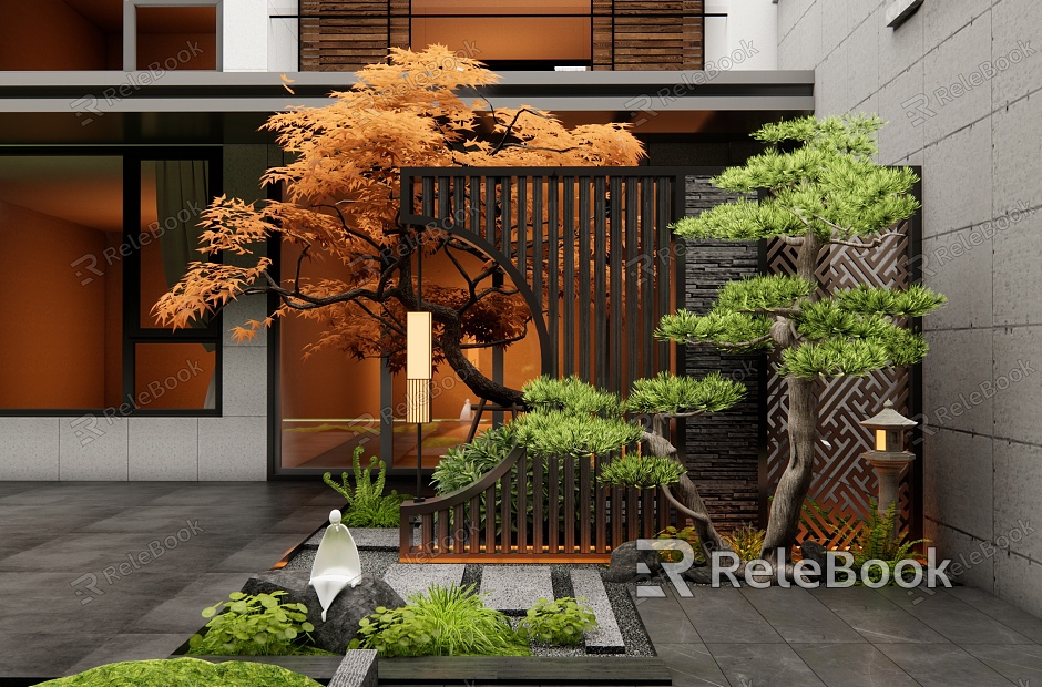 New Chinese Style Courtyard Landscape Wall Entrance Landscape Wall Red Maple Plant Landscape Pine Landscape Tree model