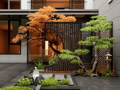 New Chinese Style Courtyard Landscape Wall Entrance Landscape Wall Red Maple Plant Landscape Pine Landscape Tree model