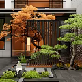 Modern Japanese Garden With Maple Pine Trees Lattice Screen Stone Lantern And White Sculpture