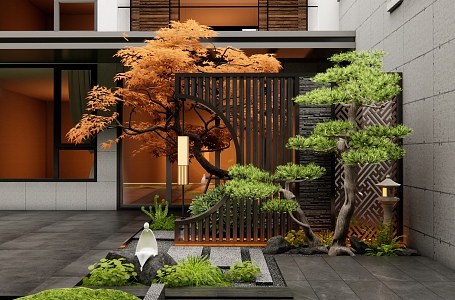 New Chinese Style Courtyard Landscape Wall Entrance Landscape Wall Red Maple Plant Landscape Pine Landscape Tree 3d model