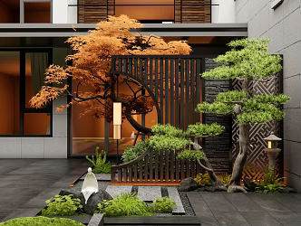 New Chinese Style Courtyard Landscape Wall Entrance Landscape Wall Red Maple Plant Landscape Pine Landscape Tree 3d model