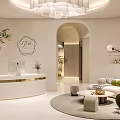 Elegant Modern Beauty Salon Interior With Reception Desk Chandelier Green Plants And Sofa Area