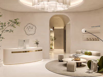 Elegant Modern Beauty Salon Interior With Reception Desk Chandelier Green Plants And Sofa Area 3d model