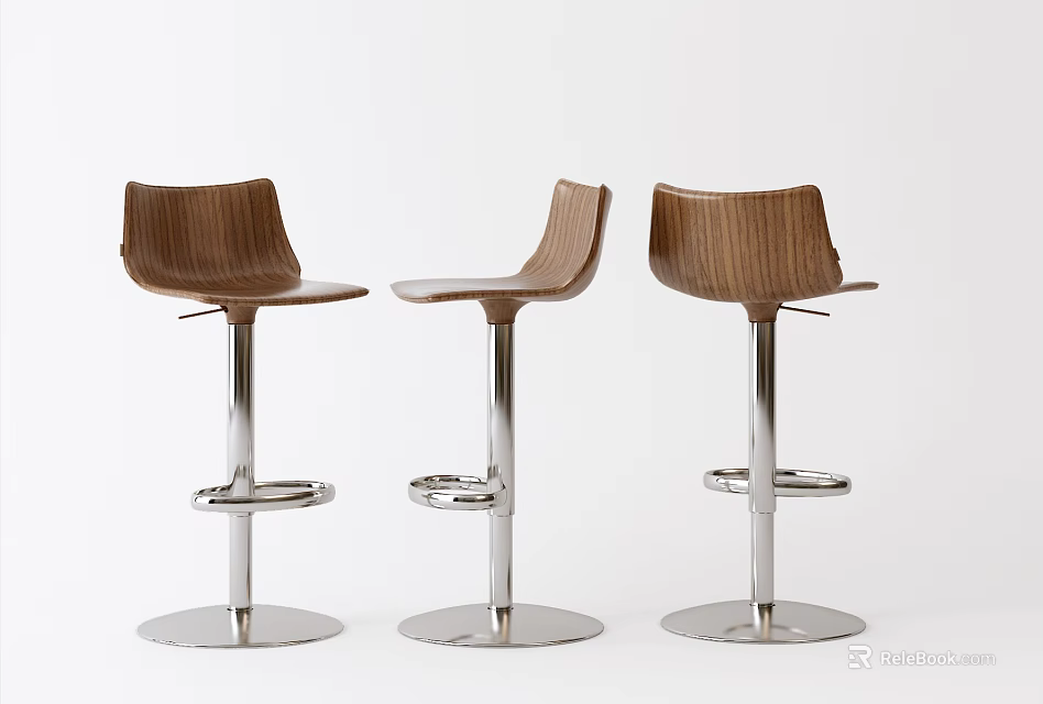 Three Modern Wooden Bar Stools With Curved Seats Metal Frames And Round Bases 3d model 