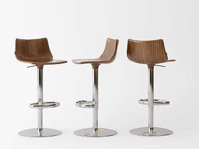 Three Modern Wooden Bar Stools With Curved Seats Metal Frames And Round Bases 3d model