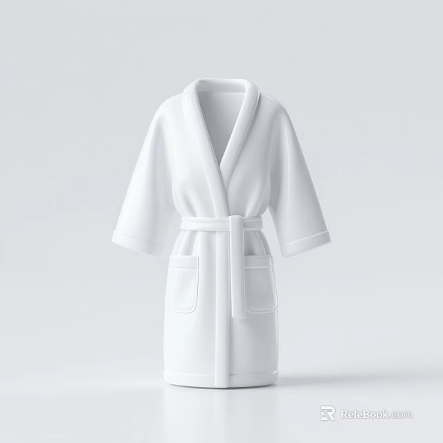 Comfortable White Bathrobe With Belted Waist And Front Pockets 3d model 