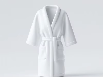 Comfortable White Bathrobe With Belted Waist And Front Pockets 3d model
