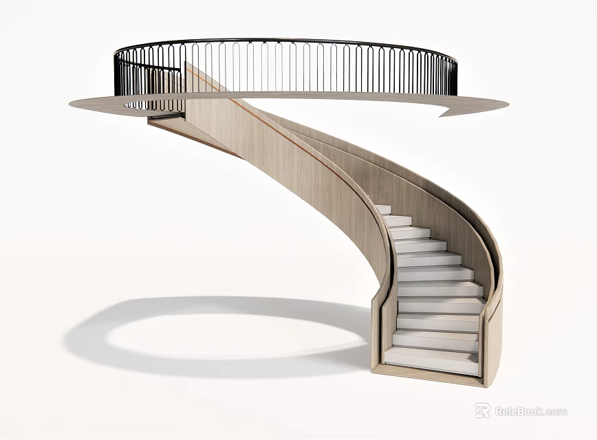Spiral Staircase With Wooden Steps And Black Metal Railings Modern Interior Design 3d model 