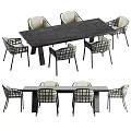 Modern Dark Rectangular Dining Table Set With Woven Backrest Chairs And Metal Legs 3d model