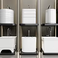 Three Modern Bathroom Fixtures With White Basins Black Shelves And Faucets