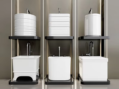 Three Modern Bathroom Fixtures With White Basins Black Shelves And Faucets 3d model
