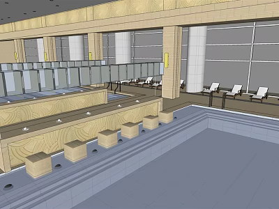 Indoor Swimming Pool Facility With Lap Lanes Rest Loungers And Glass Windows 3d model