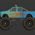 Blue Toy Monster Truck With Large Tires Flame Decals And Cartoon Eyes