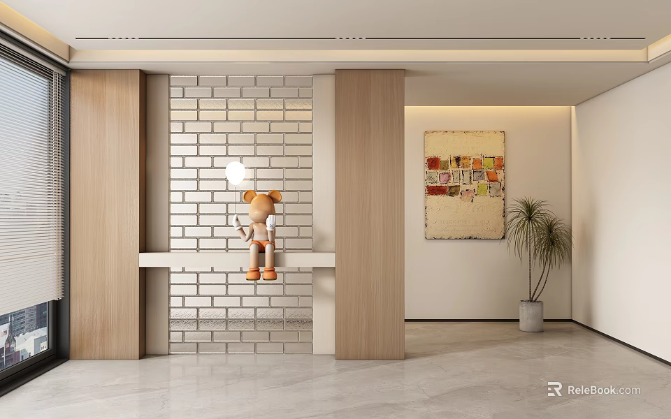 Modern Foyer Design With Brick Wall Art Decor And Potted Plant 3d model 