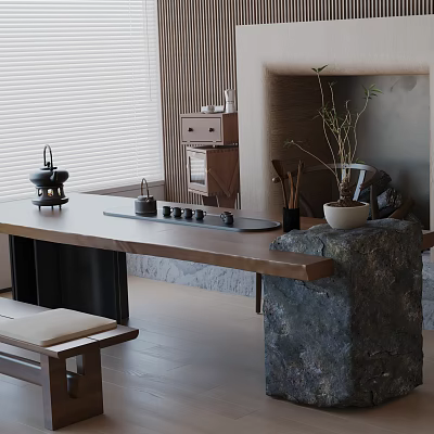 Japanese Tea Room Interior With Long Wooden Table Stone Elements Tea Utensils Lantern And Plant 3d model