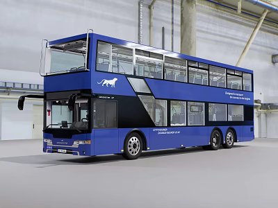 Blue Double Decker Bus With Large Transparent Windows In Indoor Garage 3d model