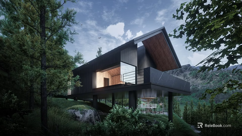 Modern Detached Villa With Sloped Roof Large Glass Windows Black Facade And Trees 3d model 