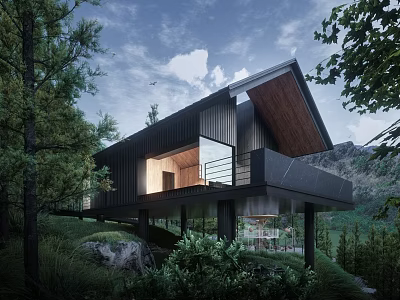 Modern Detached Villa With Sloped Roof Large Glass Windows Black Facade And Trees 3d model