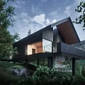 Modern Detached Villa With Sloped Roof Large Glass Windows Black Facade And Trees