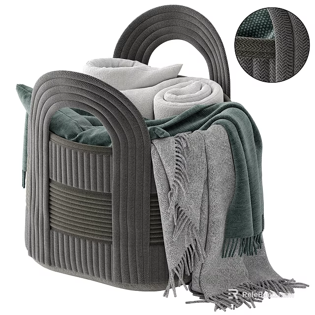 Cozy Home Storage Basket with Soft Gray Green Blankets and Knitted Texture 3d model 