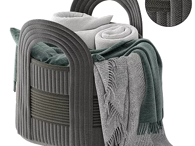Cozy Home Storage Basket with Soft Gray Green Blankets and Knitted Texture 3d model