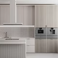 Modern Kitchen Interior With Wooden Cabinets Island Counter Tile Backsplash And Range Hood