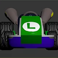 Green and White Kart With L Logo Blue Seat Two Exhaust Pipes And Yellow Wheels