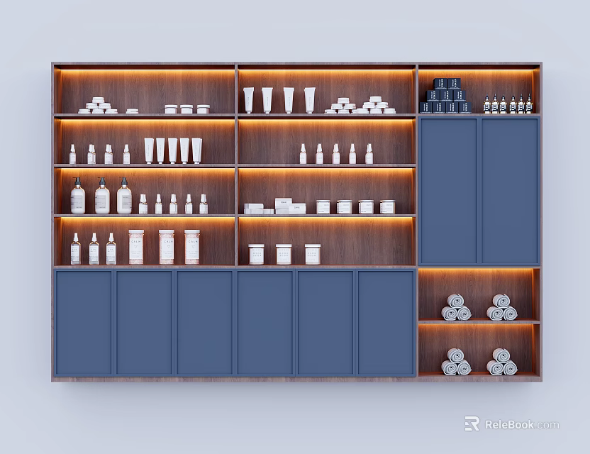 Modern Display Shelf With Blue Wooden Multiple Layers Neatly Arranged Various Products And Warm Lighting 3d model 