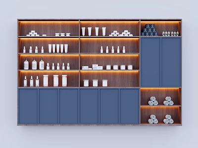 Modern Display Shelf With Blue Wooden Multiple Layers Neatly Arranged Various Products And Warm Lighting 3d model