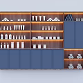Modern Display Shelf With Blue Wooden Multiple Layers Neatly Arranged Various Products And Warm Lighting